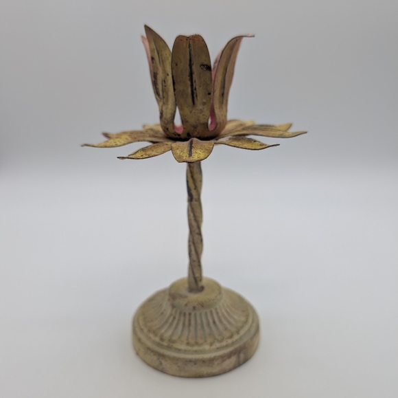 Vintage Tole Aged Yellow and Pink Metal Flower Candle Holder - Picture 2 of 10